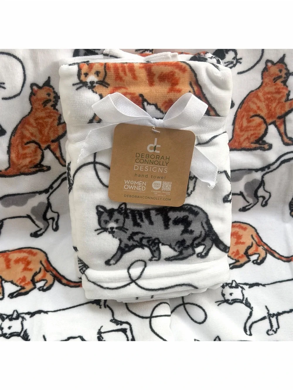Deborah Connolly 4pc Cat Print Bath & Hand Towel Set White Orange Decor Gift NWT